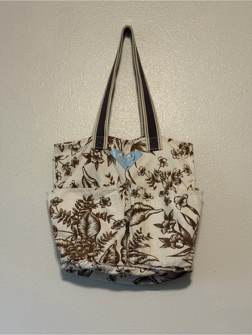 Y2K Roxy Cream Floral Canvas Tote with Brown Botanical Print